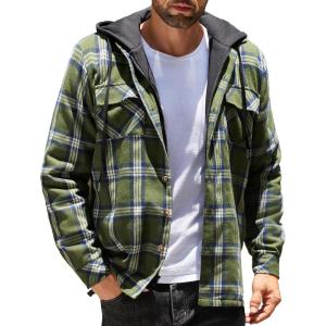 imageCOOFANDY Mens Flannel Shirt Jacket Warm Quilted Lined Hooded Long Sleeve Plaid Shirt JacketsNavy  Army Green Plaid