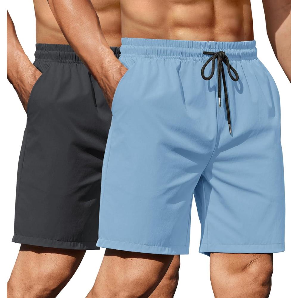 imageCOOFANDY Mens 2 Pack Gym Workout Shorts 7 Inch Lightweight Athletic Shorts Quick Dry Running Shorts with PocketsDark GreyLight Blue
