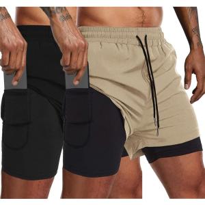 imageCOOFANDY Mens 2 Pack Running Shorts 2 in 1 Workout Shorts Quick Dry Gym Training Athletic Jogger with Phone Pockets2packkhakiblack