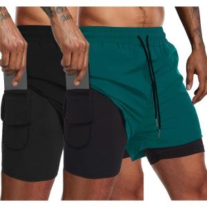 imageCOOFANDY Mens 2 Pack Running Shorts 2 in 1 Workout Shorts Quick Dry Gym Training Athletic Jogger with Phone Pockets2packpeacock Blueblack