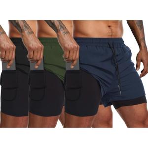 imageCOOFANDY Mens 2 Pack Running Shorts 2 in 1 Workout Shorts Quick Dry Gym Training Athletic Jogger with Phone Pockets3packblacknavy Bluearmy Green