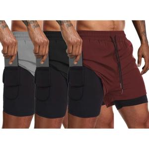 imageCOOFANDY Mens 2 Pack Running Shorts 2 in 1 Workout Shorts Quick Dry Gym Training Athletic Jogger with Phone Pockets3packlight Greyblackwine Red