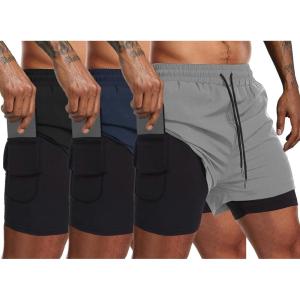 imageCOOFANDY Mens 2 Pack Running Shorts 2 in 1 Workout Shorts Quick Dry Gym Training Athletic Jogger with Phone Pockets3packnavy Blueblacklight Grey