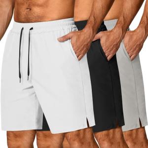 imageCOOFANDY Mens 3 Pack Athletic Running Shorts Gym Workout Short Quick Dry Sports Short with PocketsBlackWhiteGrey 1 Pack of 3