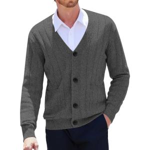 imageCOOFANDY Mens Cardigan Sweater Cable Knit V Neck Button up Sweaters Ribbed Cardigan Sweater with PocketsDark Grey