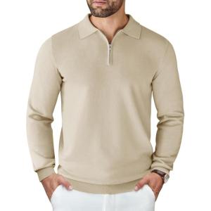 imageCOOFANDY Mens Knit Polo Sweater Casual Long Sleeve Quarter Zip Polo Sweater Classic Golf ShirtsBeige