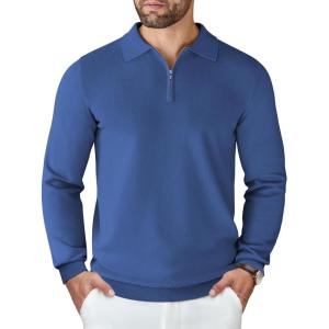 imageCOOFANDY Mens Knit Polo Sweater Casual Long Sleeve Quarter Zip Polo Sweater Classic Golf ShirtsDenim Blue