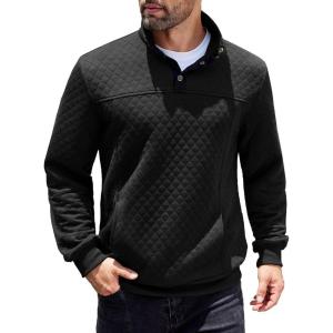 imageCOOFANDY Mens Quarter Sweatshirt Quilted Long Sleeve Mock Neck Active Sweater Waffle Pullover Polo Shirts With PocketsBlack