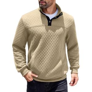 imageCOOFANDY Mens Quarter Sweatshirt Quilted Long Sleeve Mock Neck Active Sweater Waffle Pullover Polo Shirts With PocketsCoffee New