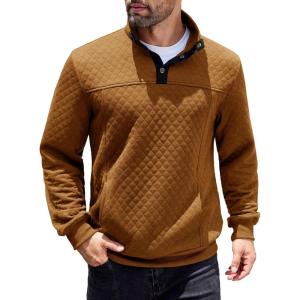 imageCOOFANDY Mens Quarter Sweatshirt Quilted Long Sleeve Mock Neck Active Sweater Waffle Pullover Polo Shirts With PocketsLight Brown