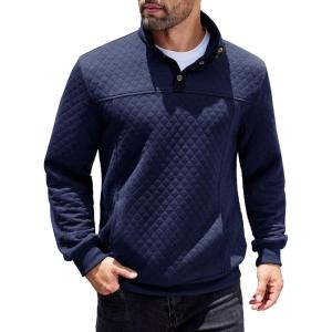 imageCOOFANDY Mens Quarter Sweatshirt Quilted Long Sleeve Mock Neck Active Sweater Waffle Pullover Polo Shirts With PocketsNavy Blue