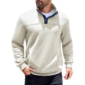 imageCOOFANDY Mens Quarter Sweatshirt Quilted Long Sleeve Mock Neck Active Sweater Waffle Pullover Polo Shirts With PocketsWhite