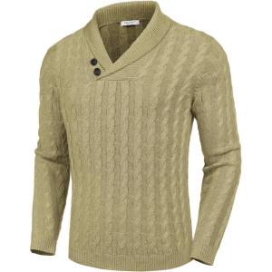 imageCOOFANDY Mens Shawl Collar Pullover Sweater Slim Fit Casual Button Cable Knit SweatersDark Khaki