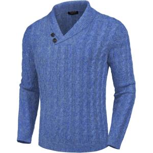imageCOOFANDY Mens Shawl Collar Pullover Sweater Slim Fit Casual Button Cable Knit SweatersLight Blue