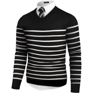 imageCOOFANDY Mens V Neck Dress Sweater Knit Long Sleeve Slim Fit Sweaters Fashion Pullover SweaterBalck White Stripe