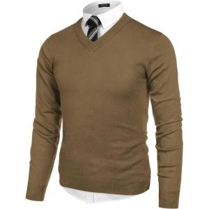 imageCOOFANDY Mens V Neck Dress Sweater Knit Long Sleeve Slim Fit Sweaters Fashion Pullover SweaterBrown