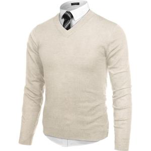 imageCOOFANDY Mens V Neck Dress Sweater Knit Long Sleeve Slim Fit Sweaters Fashion Pullover SweaterKhaki