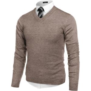 imageCOOFANDY Mens V Neck Dress Sweater Knit Long Sleeve Slim Fit Sweaters Fashion Pullover SweaterWhitebrown