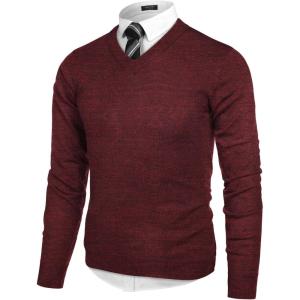 imageCOOFANDY Mens V Neck Dress Sweater Knit Long Sleeve Slim Fit Sweaters Fashion Pullover SweaterWine Red and Black