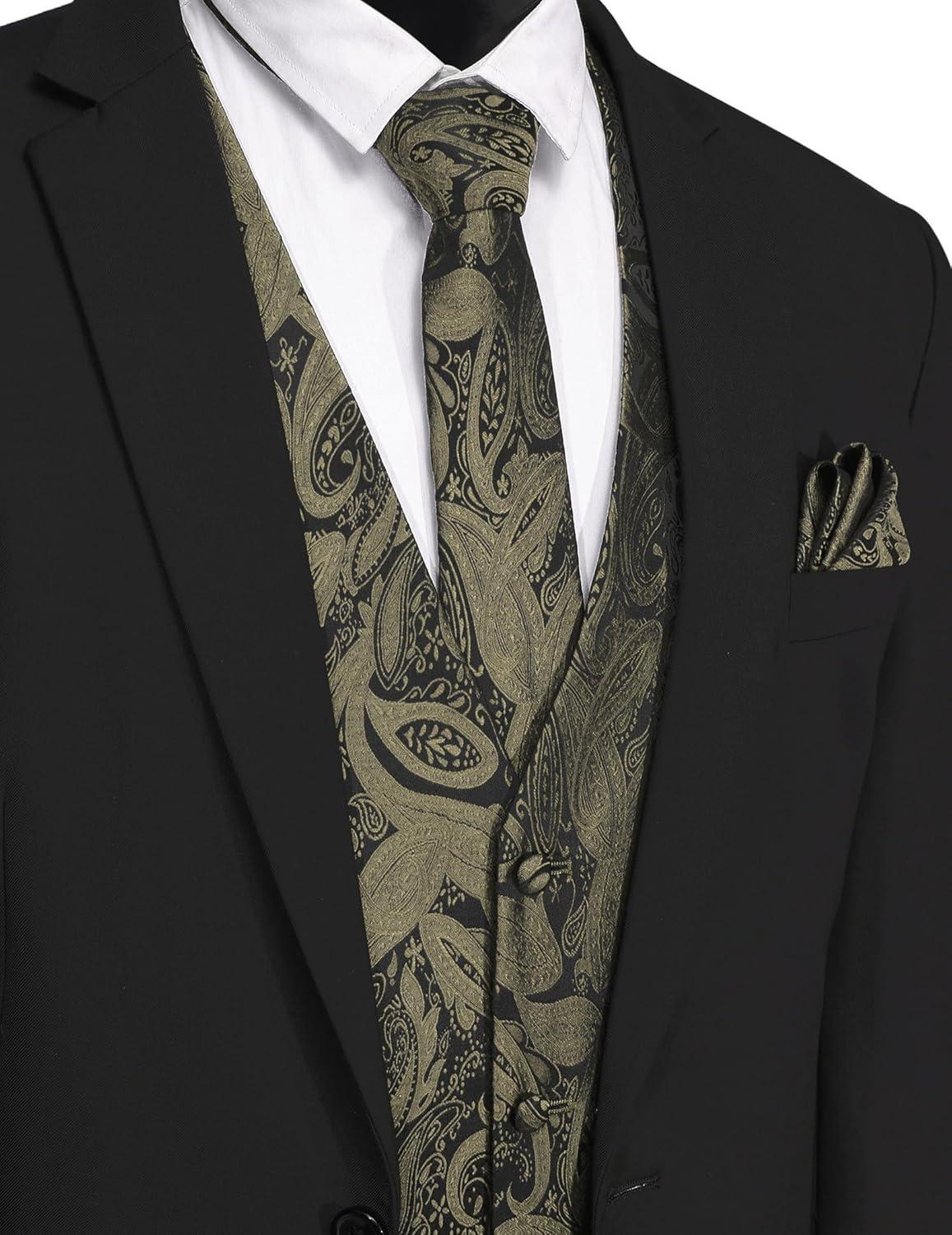 imageCOOFANDY Mens Christmas Vest Tie Set 3PC Paisley Jacquard Waistcoat and Necktie Pocket Square for Holiday Party WeddingA Gold