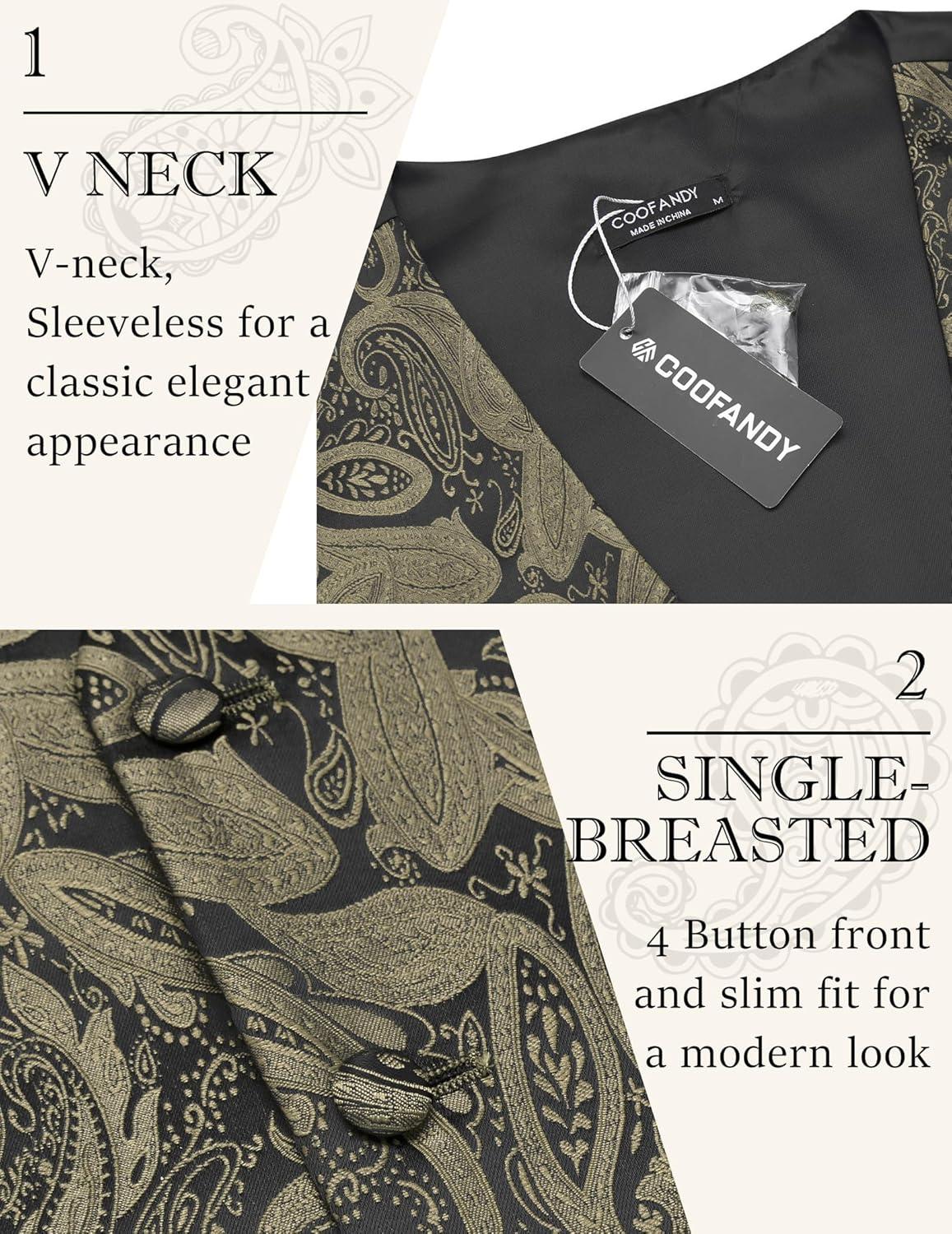 imageCOOFANDY Mens Christmas Vest Tie Set 3PC Paisley Jacquard Waistcoat and Necktie Pocket Square for Holiday Party WeddingA Gold