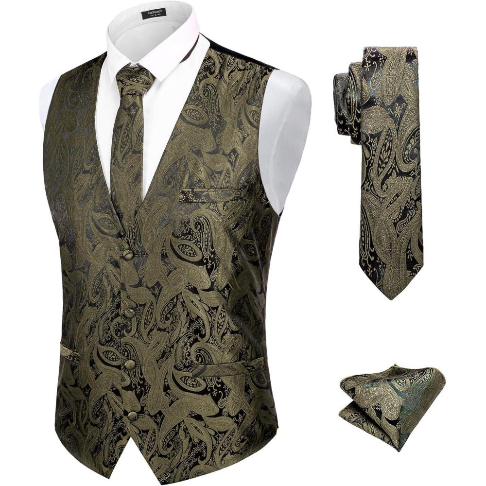 imageCOOFANDY Mens Christmas Vest Tie Set 3PC Paisley Jacquard Waistcoat and Necktie Pocket Square for Holiday Party WeddingA Gold