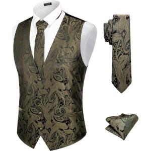 imageCOOFANDY Mens Christmas Vest Tie Set 3PC Paisley Jacquard Waistcoat and Necktie Pocket Square for Holiday Party WeddingA Gold