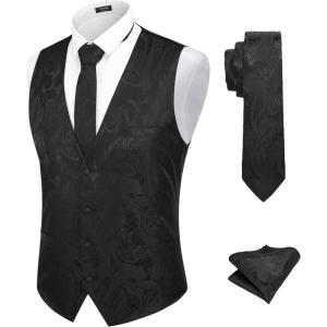 imageCOOFANDY Mens Christmas Vest Tie Set 3PC Paisley Jacquard Waistcoat and Necktie Pocket Square for Holiday Party WeddingBlack
