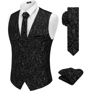 imageCOOFANDY Mens Christmas Vest Tie Set 3PC Paisley Jacquard Waistcoat and Necktie Pocket Square for Holiday Party WeddingBlack Filigree