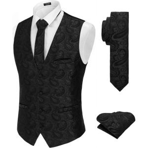 imageCOOFANDY Mens Christmas Vest Tie Set 3PC Paisley Jacquard Waistcoat and Necktie Pocket Square for Holiday Party WeddingBlack Paisley