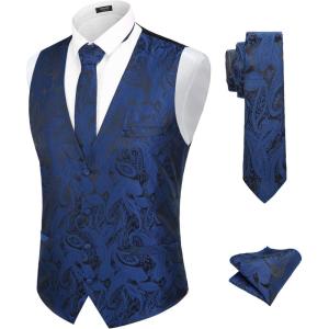 imageCOOFANDY Mens Christmas Vest Tie Set 3PC Paisley Jacquard Waistcoat and Necktie Pocket Square for Holiday Party WeddingBlue