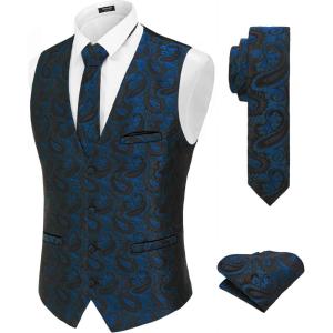 imageCOOFANDY Mens Christmas Vest Tie Set 3PC Paisley Jacquard Waistcoat and Necktie Pocket Square for Holiday Party WeddingBlue Paisley