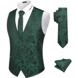 imageCOOFANDY Mens Christmas Vest Tie Set 3PC Paisley Jacquard Waistcoat and Necktie Pocket Square for Holiday Party WeddingDark Green