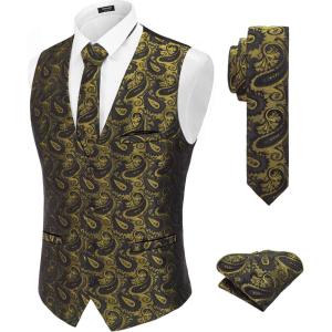 imageCOOFANDY Mens Christmas Vest Tie Set 3PC Paisley Jacquard Waistcoat and Necktie Pocket Square for Holiday Party WeddingGolden Paisley