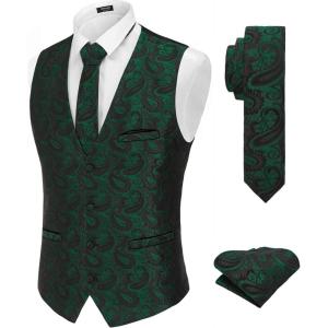 imageCOOFANDY Mens Christmas Vest Tie Set 3PC Paisley Jacquard Waistcoat and Necktie Pocket Square for Holiday Party WeddingGreen Paisley
