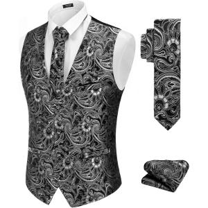 imageCOOFANDY Mens Christmas Vest Tie Set 3PC Paisley Jacquard Waistcoat and Necktie Pocket Square for Holiday Party WeddingLight Silver