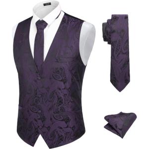 imageCOOFANDY Mens Christmas Vest Tie Set 3PC Paisley Jacquard Waistcoat and Necktie Pocket Square for Holiday Party WeddingPurple
