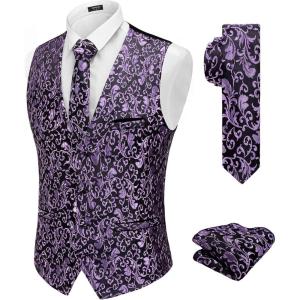 imageCOOFANDY Mens Christmas Vest Tie Set 3PC Paisley Jacquard Waistcoat and Necktie Pocket Square for Holiday Party WeddingPurple Filigree