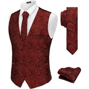 imageCOOFANDY Mens Christmas Vest Tie Set 3PC Paisley Jacquard Waistcoat and Necktie Pocket Square for Holiday Party WeddingRed Paisley