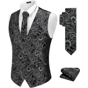 imageCOOFANDY Mens Christmas Vest Tie Set 3PC Paisley Jacquard Waistcoat and Necktie Pocket Square for Holiday Party WeddingSilver