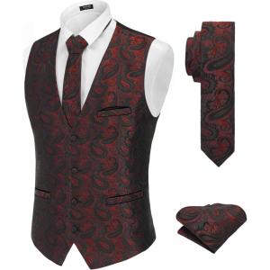 imageCOOFANDY Mens Christmas Vest Tie Set 3PC Paisley Jacquard Waistcoat and Necktie Pocket Square for Holiday Party WeddingWine Red Paisley