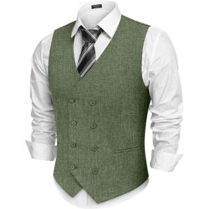 imageCOOFANDY Mens Double Breasted Suit Vest Lightweight Waistcoat Slim Fit Dress VestArmy Green