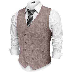 imageCOOFANDY Mens Double Breasted Suit Vest Lightweight Waistcoat Slim Fit Dress VestKhaki