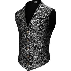 imageCOOFANDY Mens Paisley Tuxedo Vest Victorian Steampunk Gothic Suit Vest Slim Fit VNeck WaistcoatLight Silver