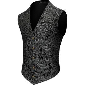 imageCOOFANDY Mens Paisley Tuxedo Vest Victorian Steampunk Gothic Suit Vest Slim Fit VNeck WaistcoatSilver