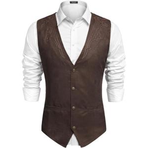 imageCOOFANDY Mens Suede Leather Vest Cowboy Western Waistcoat Casual Slim Fit Suit VestCoffee With Pattern