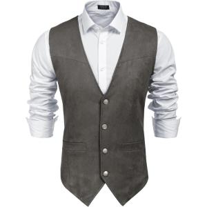 imageCOOFANDY Mens Suede Leather Vest Cowboy Western Waistcoat Casual Slim Fit Suit VestGrey
