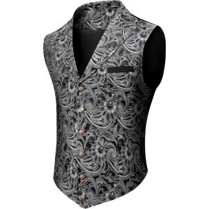 imageCOOFANDY Mens Suit Vest Paisley Floral Victorian Vests Gothic Steampunk Formal Waistcoat Tuxedo Vests with Notched LapelsLight Silver