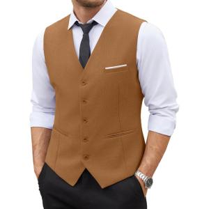 imageCOOFANDY Mens Suit Vest Slim Fit Business Formal Waistcoat Casual Dress VestLight Brown