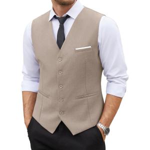imageCOOFANDY Mens Suit Vest Slim Fit Business Formal Waistcoat Casual Dress VestLight Khaki